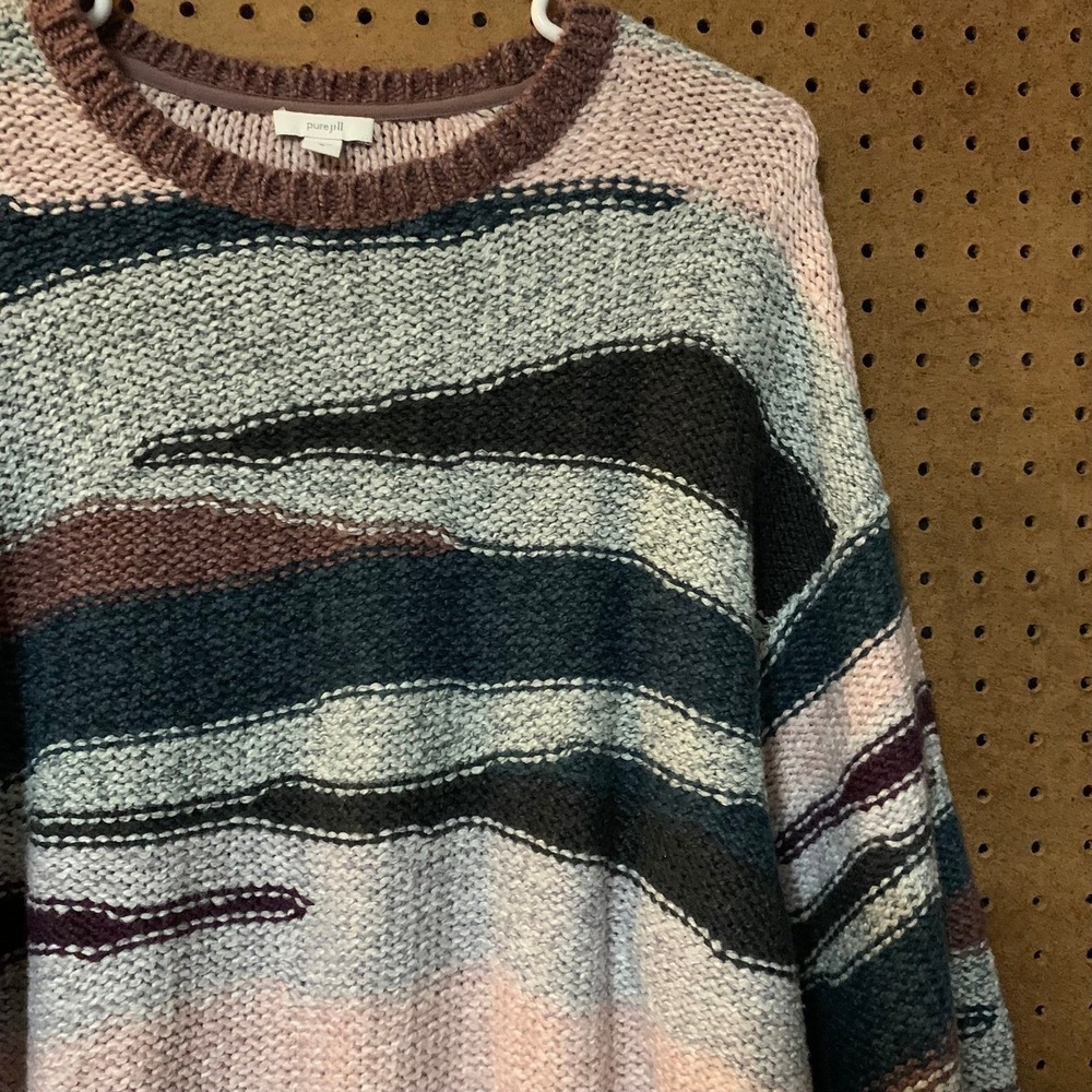 Pure Jill Striped Knit Sweater Pink Blue Gray Brown Oversized Medium Boho Mature - Picture 2 of 5